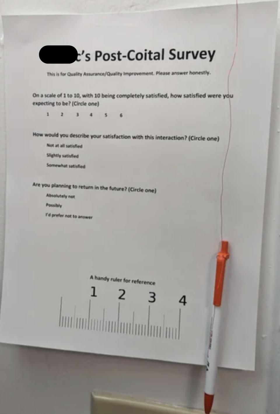 A "Post-Coital Survey" hanging on a door, along with a pen