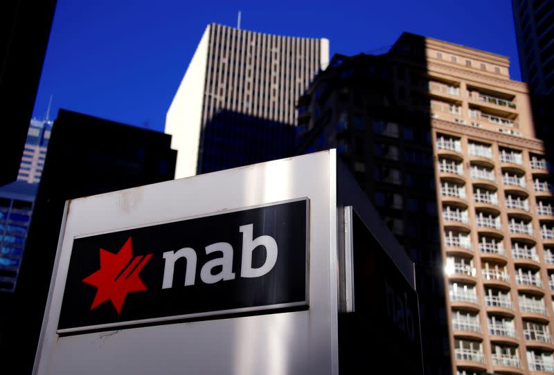 FILE PHOTO: The logo of the National Australia Bank is displayed in central Sydney