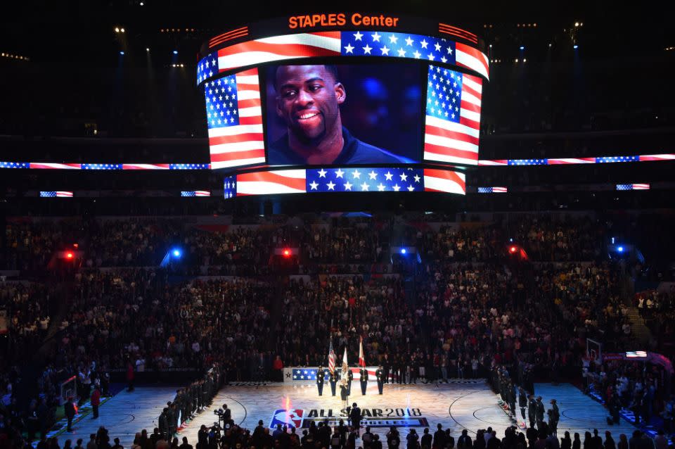 NBA All-Star Draymond Green (on screen) listens as Fergie performs at the 2018 NBA All-Star Game, February 18, 2018 at Staples Center in Los Angeles, California. Source: Getty