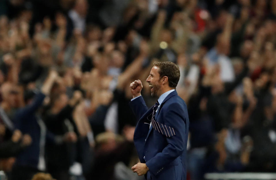 <p>Soccer Football – 2018 World Cup Qualifications – Europe – England vs Slovakia – London, Britain – September 4, 2017 England manager Gareth Southgate celebrates after Marcus Rashford scores their second goal Action Images via Reuters/Carl Recine </p>