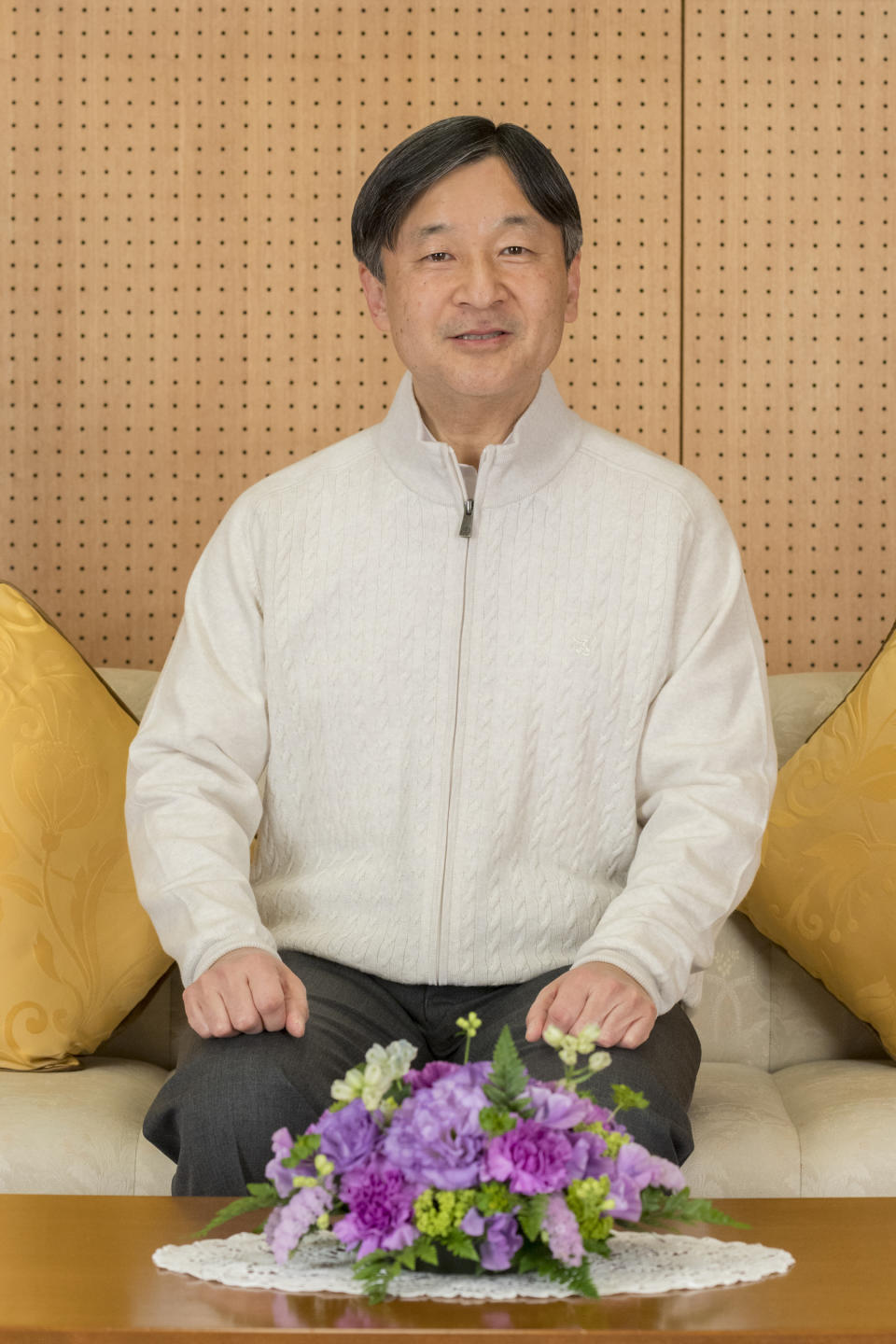 In this Feb. 17, 2019 photo provided by the Imperial Household Agency of Japan, Japan's Crown Prince Naruhito poses for a photo at his residence Togu Palace in Tokyo. Naruhito celebrates his 59th birthday on Saturday, Feb. 23, 2019. (Imperial Household Agency of Japan via AP)