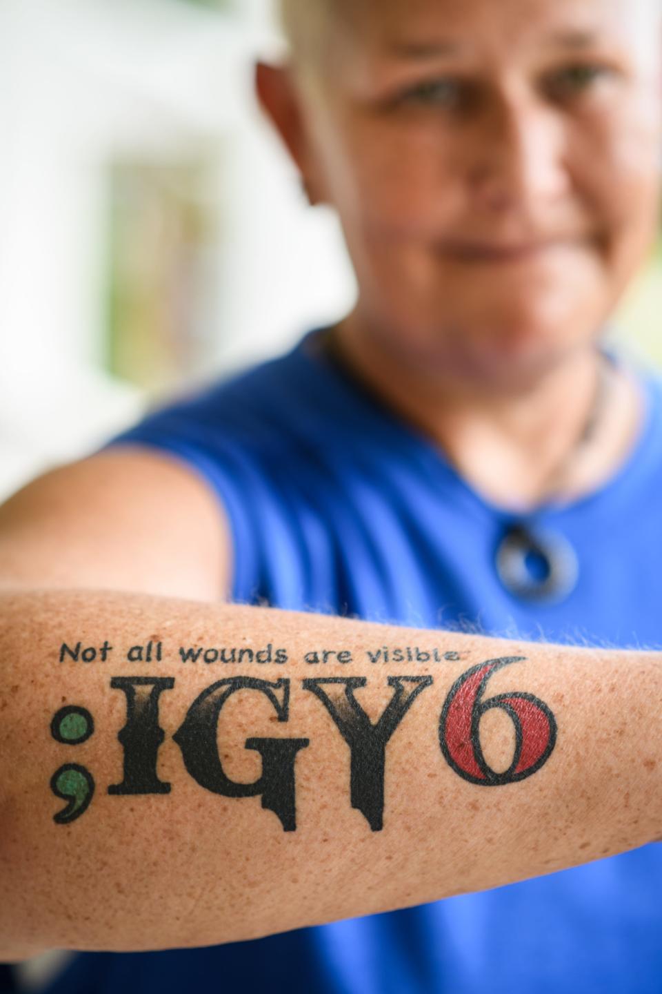 Melissa Jeffries, a former law enforcement officer and crime scene investigator, got a tattoo earlier this year to signify post traumatic stress disorder and mental health in law enforcement. IGY6 is shorthand for “I’ve got your 6,” or "I’ve got your back,” a common phrase among military and law enforcement.  The semi-colon, Jeffries said, signifies that her “story is not yet finished  — there's more to come.”