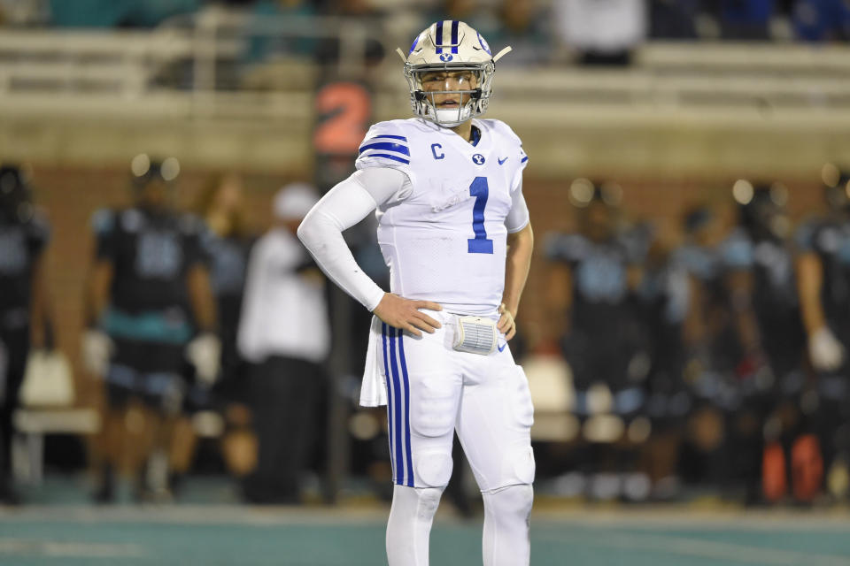 BYU quarterback Zach Wilson was up and down against Coastal Carolina. (AP Photo/Richard Shiro)