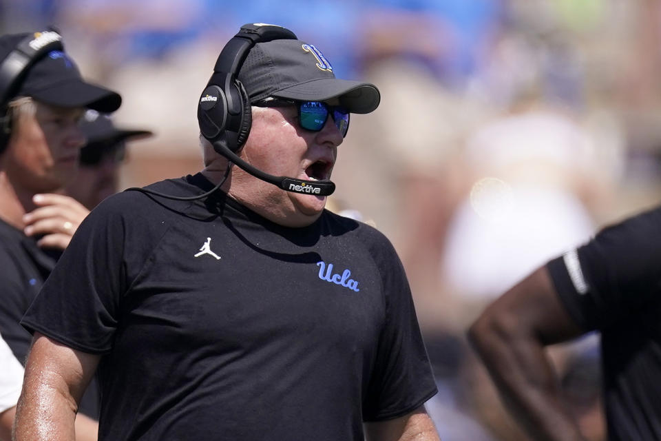 UCLA head coach Chip Kelly watches from the sideline during the second half of an NCAA college football game against Bowling Green Saturday, Sept. 3, 2022, in Pasadena, Calif. (AP Photo/Mark J. Terrill)