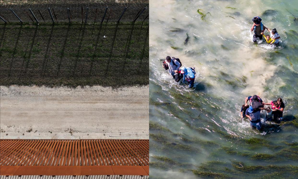 <span>The border fence in Eagle Pass, Texas, on 31 January 2024. Families cross the Rio Grande toward Eagle Pass, Texas, on 27 September 2023.</span><span>Composite: Anadolu, Getty Images</span>