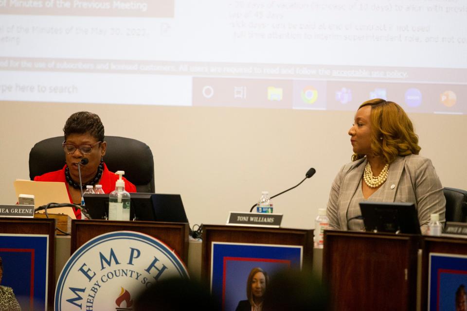 Memphis-Shelby County Schools school board chair Althea Greene announces that interim Superintendent Toni Williams' contract extension could only be approved if she was no longer considered a candidate for the permanent position as Williams looks on during the MSCS school board meeting in Memphis, Tenn., on Tuesday, June 27, 2023. 