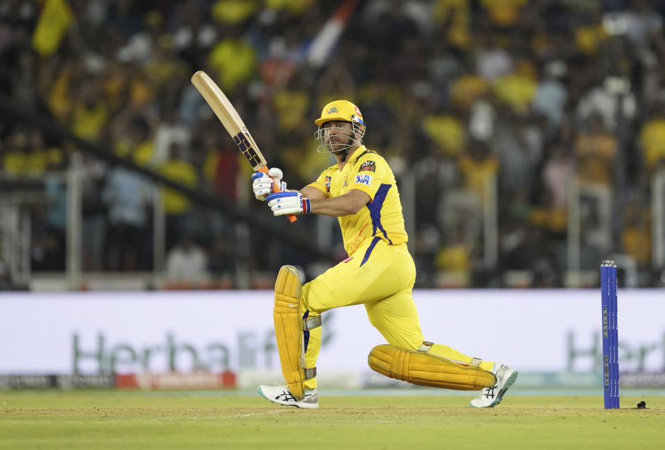 Chennai Super Kings' Mahendra Singh Dhoni bats during the Indian Premier League (IPL) match between Gujarat Titans and Chennai Super Kings in Ahmedabad, India, Friday, March 31, 2023. (AP Photo/Ajit Solanki)