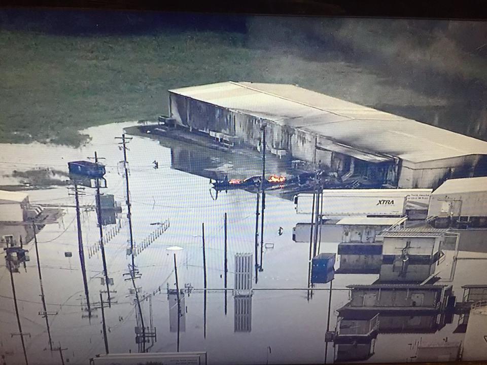 <p>A flooded Arkema Inc. chemical plant is seen after explosions sent a plume of fumes and smoke into the air early Thursday, Aug. 31, 2017, in Crosby, Texas. (AP) </p>