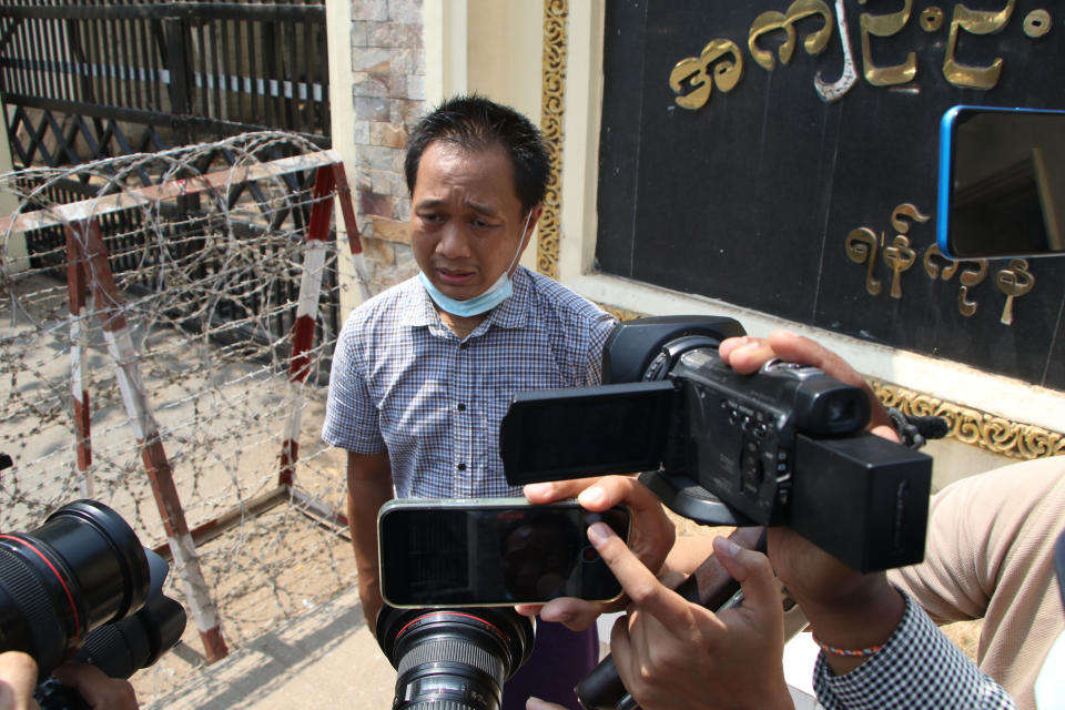 AP journalist Thein Zaw talks to reporters outside Insein prison after his release Wednesday, March 24, 2021 in Yangon, Myanmar. Thein Zaw, a journalist for The Associated Press who was arrested last month while covering a protest against the coup in Myanmar, was released from detention on Wednesday. (AP Photo)
