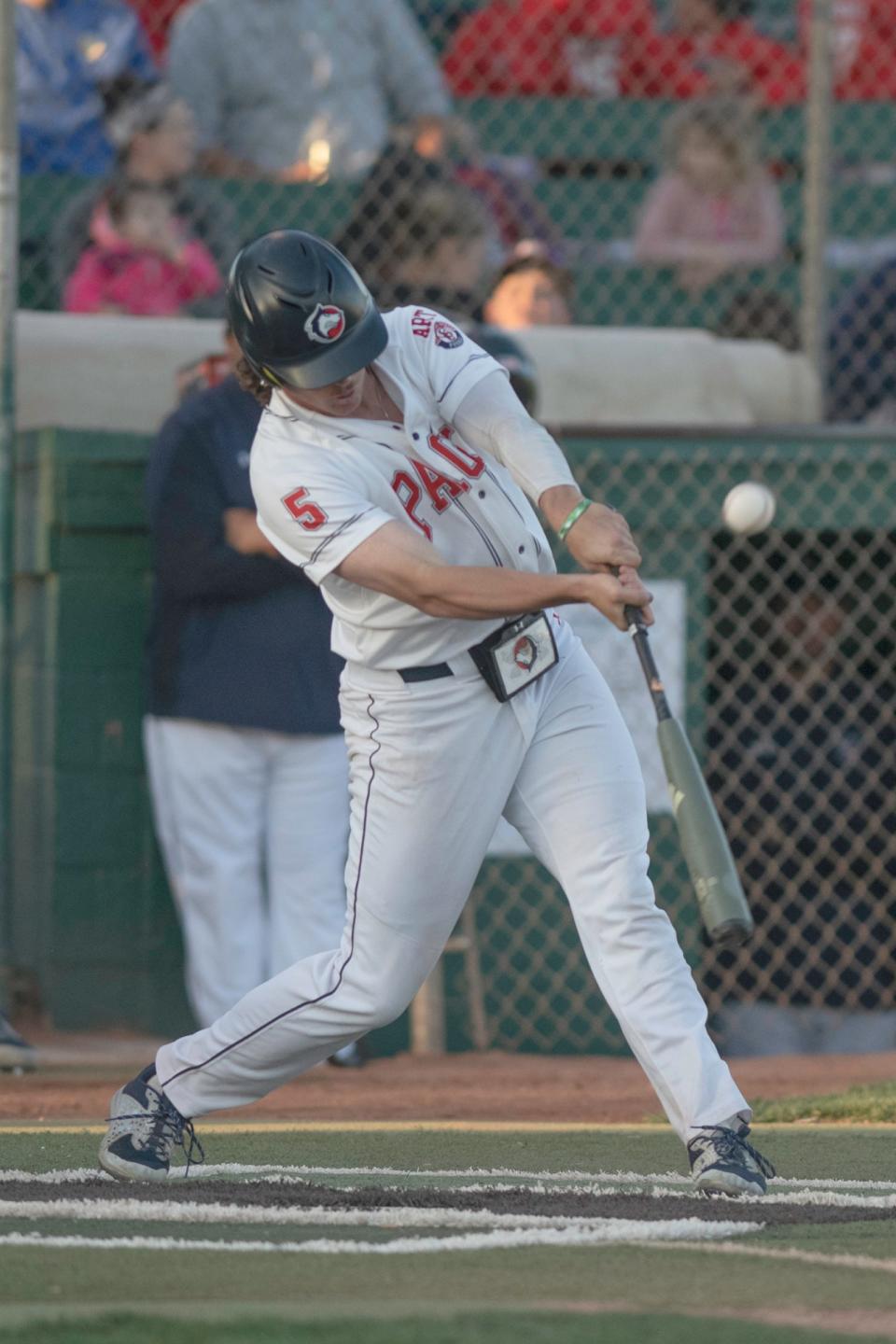 Colorado State University Pueblo's Noah Hennings gets a hit during the Pack the Park game at the Runyon Sports Complex on Friday, April 29, 2022.