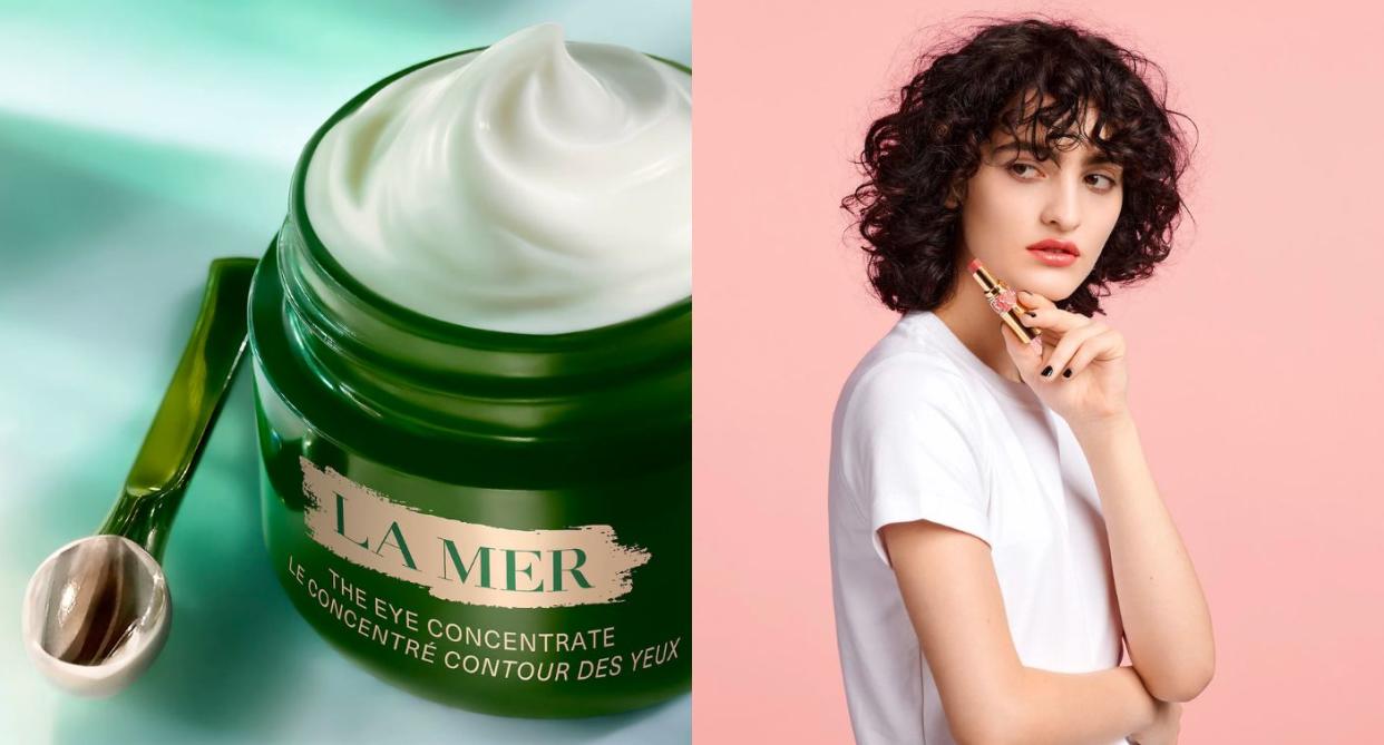 sephora la mer eye cream, someone holding a ysl lipstick