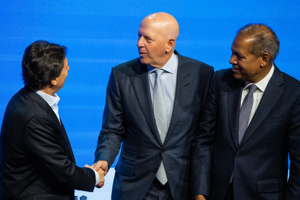 CEO, Apollo Global Management, Marc Rowan, asking the hand of  Chairman and CEO, Goldman Sachs, David Solomon, after the panel on Markets, trends and opportunities the Global Hong Kong Global Financial Leaders Investment Summit on November 7, 2023 in Hong Kong, China. The Hong Kong Global Financial Leaders Investment Summit organised by the city's central bank the Hong Kong Monetary Authority is held at the Four Seasons hotel with the theme Living with Complexity, with Financials Leaders attending the event.  (Photo by Vernon Yuen/NurPhoto via Getty Images)