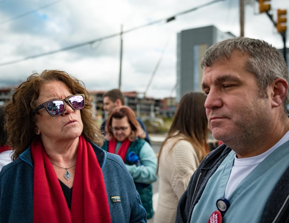 Registered nurses Sheila Conley and Gary Evans, employees of the Mohawk Valley Health System, took part in a New York State Nurses Association event across the street from the soon-to-open Wynn Hospital in downtown Utica on Tuesday, Oct. 17, 2023. Some nurses will face benefits changes when the new hospital opens, nurses said.