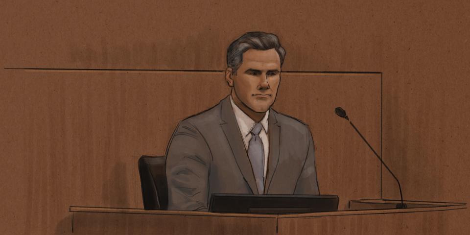 This courtroom sketch shows former Minneapolis Police Officer Thomas Lane during his trial in the killing of George Floyd in federal court in St. Paul, Minn., on Monday, Feb. 21, 2022. The former Minneapolis police officer charged with violating George Floyd's civil rights testified at his federal trial that officers considered using a type of restraint known as the hobble because Floyd was kicking and had hurt himself, but that it seemed “excessive” because an ambulance was on the way. (Cedric Hohnstadt via AP)