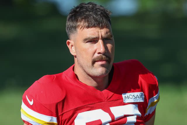 <p>Scott Winters/Icon Sportswire via Getty</p> Travis Kelce during training camp on August 2, 2024 at Missouri Western State University in St. Joseph, MO