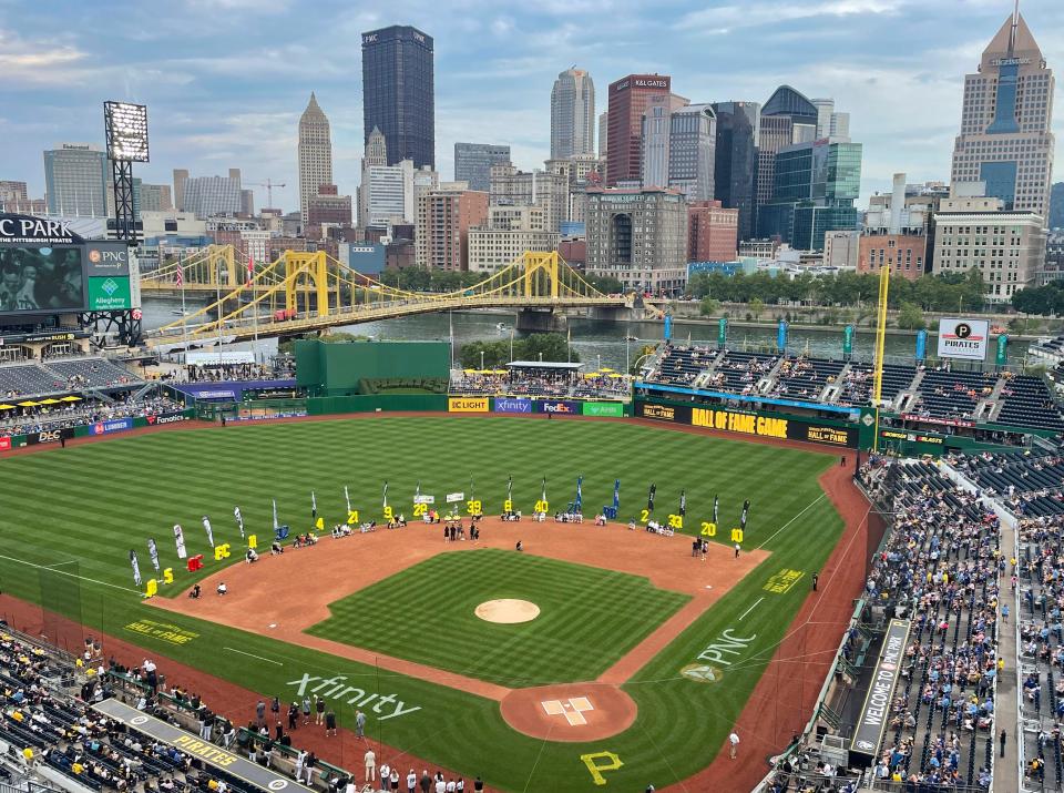 The Pittsburgh skyline seen in 2022 over the center field wall at PNC Park, home of the Pittsburgh Pirates.