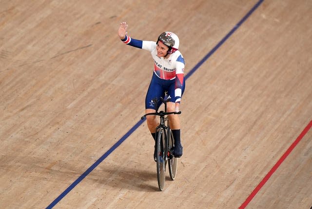 Dame Sarah Storey celebrates winning gold in the women’s C5 3000m individual pursuit (Tim Goode/PA)