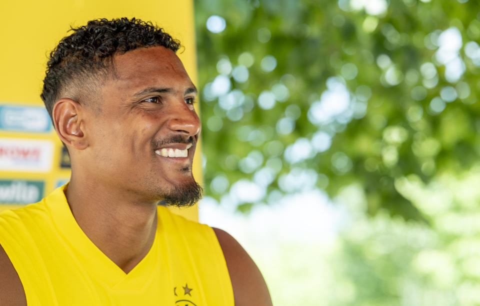 BAD RAGAZ, SWITZERLAND - JULY 17: Sebastien Haller of Borussia Dortmund during a press conference at the Borussia Dortmund Training Camp on July 17, 2022 in Bad Ragaz. (Photo by Alexandre Simoes/Borussia Dortmund/Getty Images)