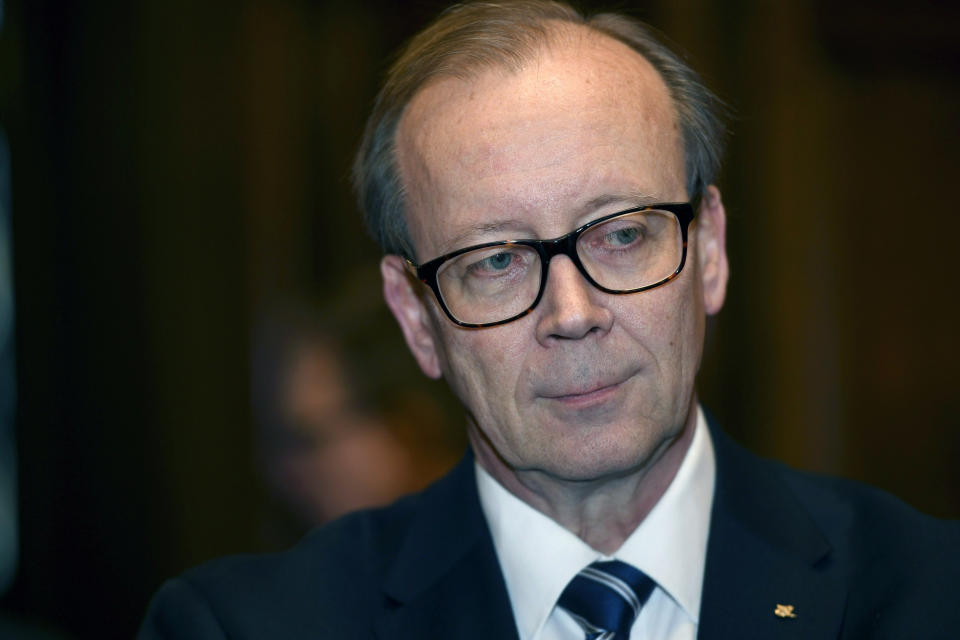 The head of the National Archives of Finland Jussi Nuorteva, during the press conference for the release of a research document entitled The Finnish SS-volunteers and atrocities against Jews, Civilians and Prisoners of War in Ukraine and the Caucasus Region 1941-1943, in Helsinki, Finland, on Friday, Feb. 8, 2019. Senior Israeli Holocaust historian, Efraim Zuroff of the Simon Wiesenthal Center, on Sunday Feb. 10, 2019, has praised Finnish authorities for publishing a report concluding that the Nordic country's volunteer battalion serving with Nazi Germany's notorious Waffen-SS took part in atrocities during World War II including participating in the mass murder of Jews.(Heikki Saukkomaa/Lehtikuva via AP)