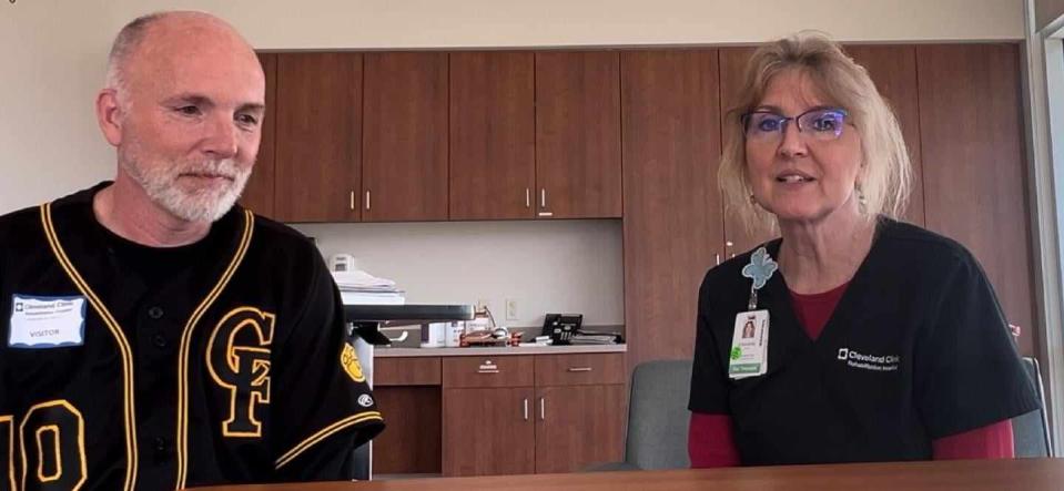 Bill Haynes made a recent visit to Edwin Shaw rehab facility in Ohio to talk with therapists there who helped him after his stroke. At right is his former therapist, Christine Bailey.