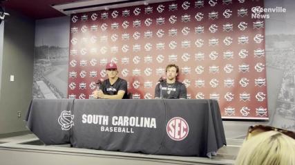 South Carolina baseball coach Mark Kingston and Parker Nolan address media