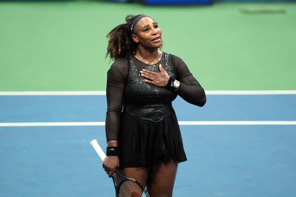Serena Williams gestures to the crowd after a match at the 2022 U.S. Open.