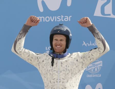 Freestyle Skiing - FIS Snowboarding and Freestyle Skiing World Championships - Men's Ski Cross finals - Sierra Nevada, Spain - 18/03/17 - Silver medalist Jamie Prebble of New Zealand celebrates during the medal ceremony. REUTERS/Albert Gea