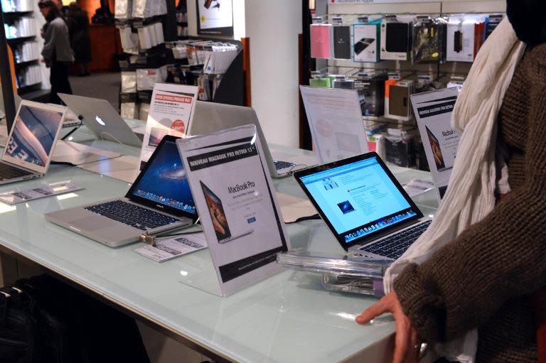 A Mac Book Pro computer on display at a FNAC store on November 27, 2012 in Paris