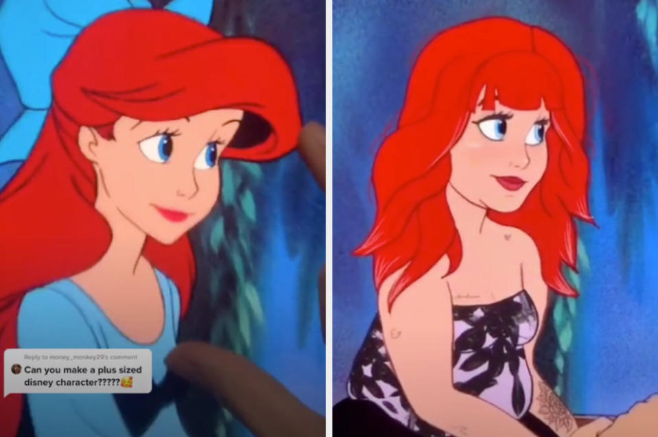 The classic ariel side by side with Lexis' Ariel, who has tattoos, on her face, gothic clothing, and bangs and layers in her hair