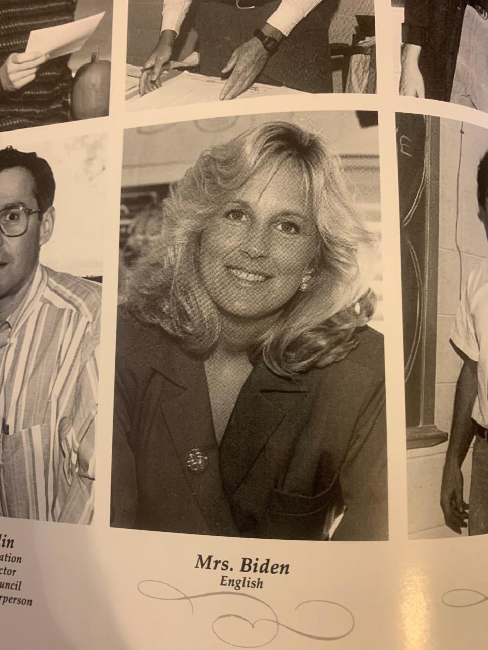 A photo of Jill Biden in a Brandywine High School Yearbook. She taught English in the year 1990s.