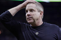 FILE - New Orleans Saints head coach Sean Payton walks on the field before an NFL football game against the New York Giants in New Orleans, Sunday, Oct. 3, 2021. Saints coach Sean Payton calls the current injured reserve rule cost effective. New Orleans (5-3) is second in the NFC South despite having used 68 players. (AP Photo/Derick Hingle, File)