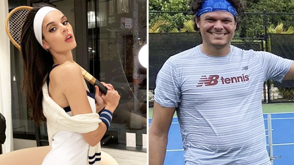 Milos Raonic (pictured right) during training and his girlfriend Camille Ringoir (pictured left) taking a photo