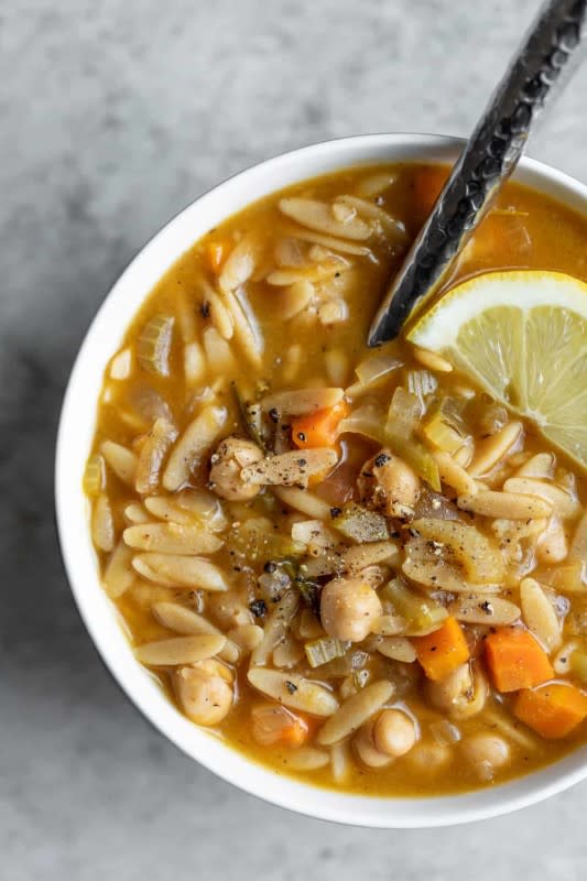 <p>Profusion Curry</p><p>This vegetable-packed pasta soup tastes unbelievably delicious and will give you a burst of nutrients and a feeling of fullness. </p><p><strong>Get the recipe: </strong><a href="https://profusioncurry.com/chickpea-orzo-soup/?fbclid=IwAR3Y-V0kXyOwqUgTmF73jSUZmfmr0_HaKphTxh0zyZRcPeVBfTGQQBgaNBA" rel="nofollow noopener" target="_blank" data-ylk="slk:Chickpea Orzo Soup;elm:context_link;itc:0;sec:content-canvas" class="link rapid-noclick-resp"><strong>Chickpea Orzo Soup</strong></a></p>