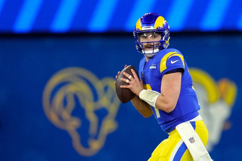 Los Angeles Rams quarterback Baker Mayfield prepares to throw during the second half against the Las Vegas Raiders, Thursday, Dec. 8, 2022 in Inglewood, Calif.