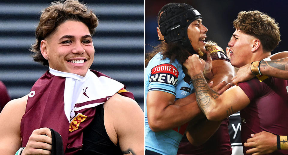 On the left is Reece Walsh and the Origin star clashing with Jarome Luai on the right.