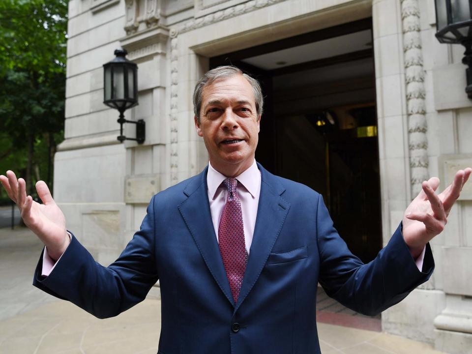 The Brexit Party has topped a general election voting intention poll for the very first time, according to a new survey.Nigel Farage’s insurgent outfit was found to be the most popular party on 26 per cent, ahead of Labour on 22 per cent, in the poll asking voters how they will cast their ballots at the next Westminster election.The Conservatives are third on just 17 per cent, with the Liberal Democrats on 16 per cent and the Greens on 11 per cent, according to the poll carried out by Opinium for The Observer.The results suggest pro-Leave voters are not ready to abandon Mr Farage’s party at a general election after granting him victory at last week’s European parliamentary elections.The Brexit Party has increased its backing by two points since the last Opinium survey two weeks ago, while Labour and the Conservatives have seen support fall by seven and five points respectively.The latest polling does show a significant boost in support for the pro-Remain parties, however. The Greens are up eight points and the Lib Dems up five since the since the company’s last survey.There was bad news for Change UK, however, with support for the independent MPs’ group down two points to just 1 per cent.The results would, hypothetically, give the Brexit Party 306 seats in the House of Commons, according to the Electoral Calculus website. Labour would be on 205 and the Tories would be left with just 26 seats.> Opinium/Observer – Brexit Party jumps into first place in Westminster voting intention: > Brexit Party: 26% (+2) > Labour: 22% (-7) > Conservatives: 17% (-5) > LibDems: 16% (+5) > Greens: 11% (+8) > SNP: 4% (nc) > Change UK: 1% (-2) > Plaid Cymru: 1% (+1) > UKIP: 1% (-1) > (28th to 30th May)> > — Opinium (@OpiniumResearch) > > June 1, 2019Launched only six weeks ago, Mr Farage’s party has rapidly absorbed the support of millions of voters angry over Britain’s failure to leave the EU. After winning 32 per cent of the vote and gaining 29 MEPs at the European elections, the former Ukip leader insisted his new organisation had the capacity to “stun everybody in a general election too”.On Saturday Mr Farage has said winning the upcoming Peterborough by-election would be “even bigger” than the European results. His party is the bookmakers’ favourite to win the seat on 6 June.The new poll comes as Donald Trump make his second dramatic intervention in British politics in as many days, calling on the UK to leave the EU without a deal if Brussels refuses to meet its demands, and urging the government to send Mr Farage into the negotiations.He told the Sunday Times it was a “mistake” not to the involve Brexit Party leader Mr Farage in talks, saying he has a “lot to offer” and is someone he likes “a lot”.Despite current excitement and fear about the Brexit Party, several leading experts have predicted success at a general election would be a much tougher task for Mr Farage’s group.“When you’re fighting a general election with 650 constituencies, you need an organisation with grassroots organisational zeal,” Liverpool University’s professor of politics Andrew Russell told The Independent.“The Brexit Party just don’t have that. It is always going to be difficult for them to win from a standing start. It’s very difficult to see them getting more than one or two seats.”