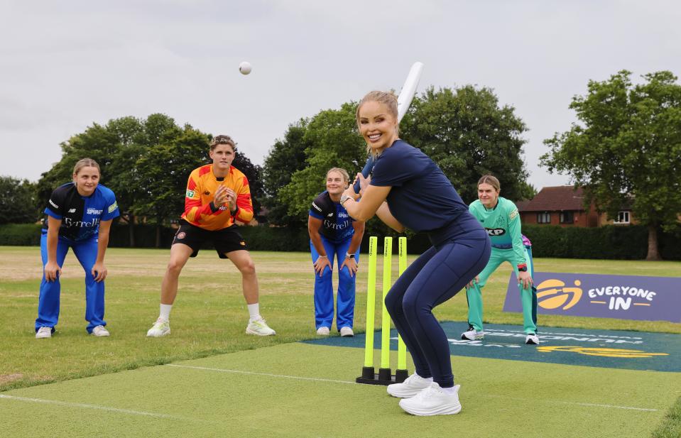 Jacob Bethell, second from left, in London at a cricket-themed, family-friendly workout as part of KP Snacks 'Everyone In' campaign which will see 100 new grassroots cricket pitches installed across England & Wales.