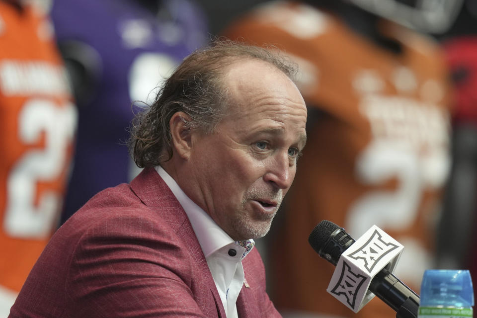 FILE - Houston's head football coach Dana Holgorsen speaks at the NCAA college football Big 12 media days in Arlington, Texas, Wednesday, July 12, 2023. Houston opens their season at home against UTSA on Sept. 2. (AP Photo/LM Otero, File)