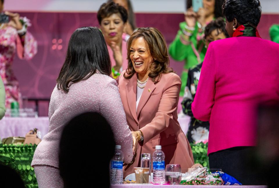 DALLAS, TEXAS - JULY 10: U.S. Vice President Kamala Harris greets members of the Alpha Kappa Alpha Sorority ahead of speaking at the Kay Bailey Hutchison Convention Center on July 10, 2024 in Dallas, Texas. The Vice President spoke to approximately 20,000 members from her sorority in a continued effort to rally support ahead of the upcoming November Presidential election. (Photo by Brandon Bell/Getty Images)