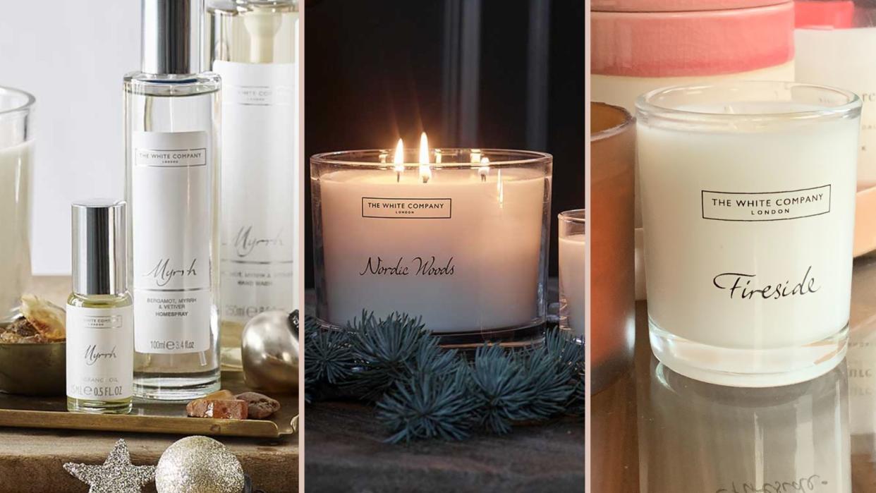  A compilation display of the best White Company scents for the home including fragranced candles and room sprays. 