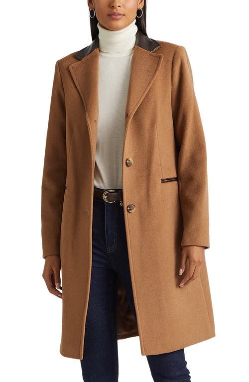 Faux Leather Trim Wool Blend Coat