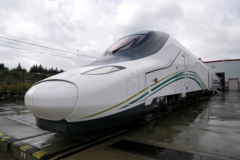 A high speed train destined for a route in Saudi Arabia between Medina and Mecca, stands at the factory of Spanish train manufacturer Talgo, in Rivabellosa