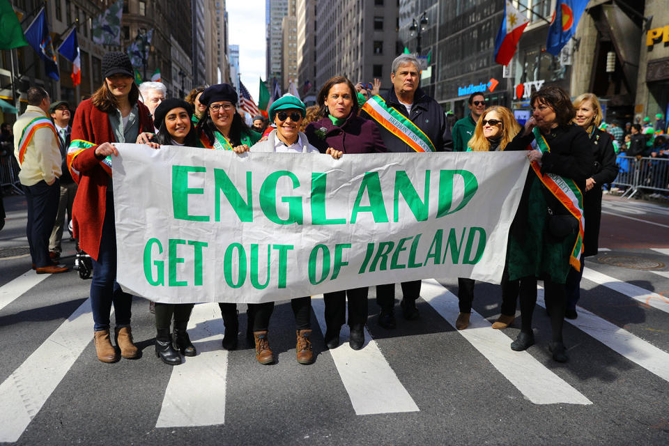 A banner reading "England get out of Ireland" has been carried in the parade since the 1940s. (Photo: Gordon Donovan/Yahoo News)  