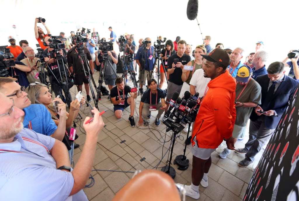 Cleveland Browns quarterback Deshaun Watson speaks to the media, Thursday, Aug. 18, 2022, in Berea, Ohio. (Joshua Gunter/Cleveland.com via AP)