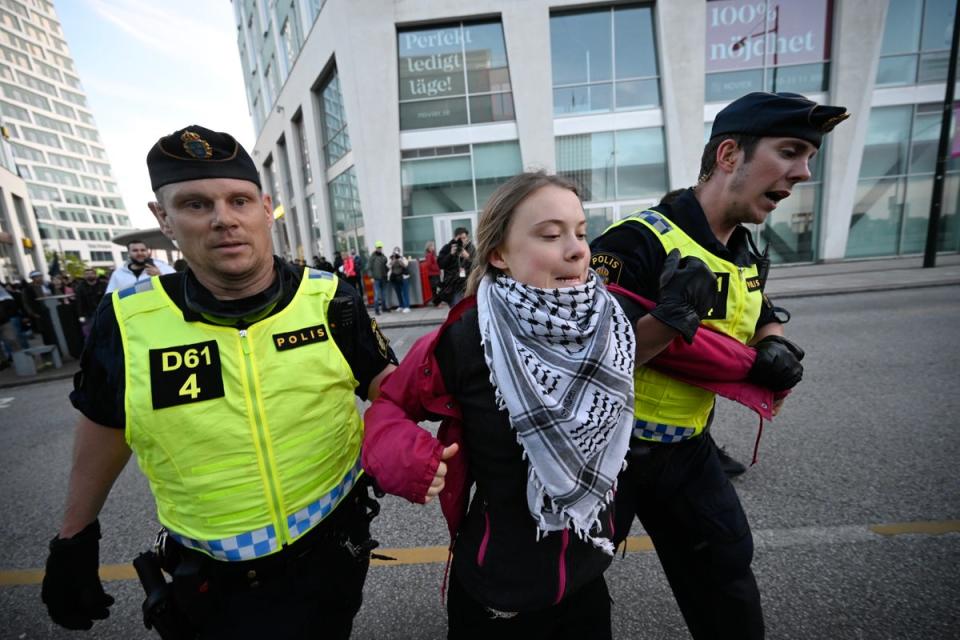 Greta Thunberg being removed from outside the Malmo Arena by Swedish police (EPA)