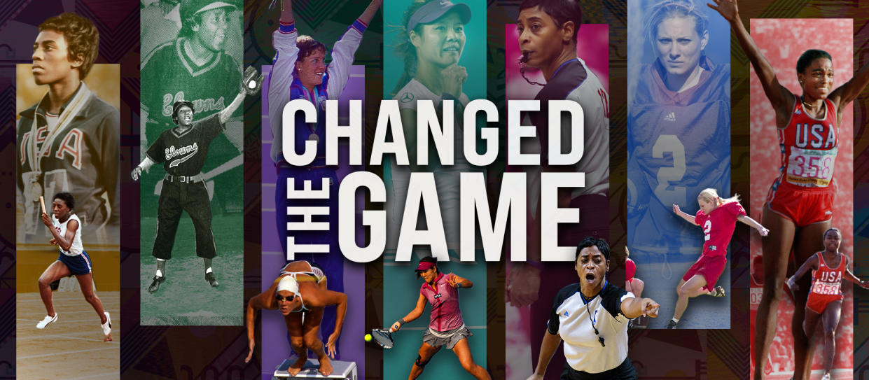 Graphic of Wyomia Tyus, Toni Stone, Tracy Caulkins, Li Na, Violet Palmer, Katie Hnida and Evelyn Ashford competing in their respective sports with the words 