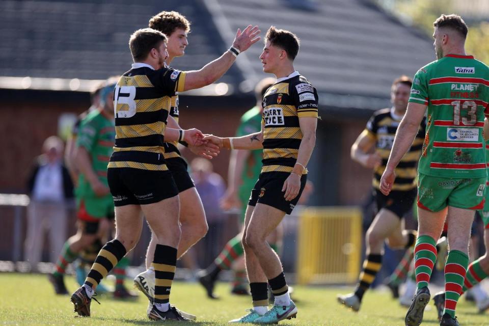 DELIGHT: Newport celebrate Che Hope's try against Ebbw Vale <i>(Image: Huw Evans Agency)</i>