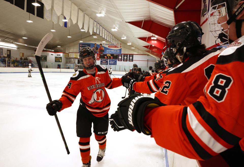 Middleboro's Connor McNaughton scores the game's first goal during a game versus Abington at the Rockland Ice Arena on Thursday, Feb. 2, 2023.