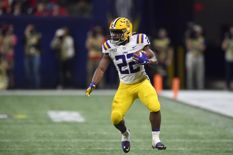 LSU running back Clyde Edwards-Helaire (22) runs against Georgia during the second half of the Southeastern Conference championship NCAA college football game, Saturday, Dec. 7, 2019, in Atlanta. (AP Photo/Mike Stewart)