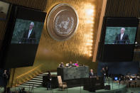 Brazilian president Michel Temer addresses the 73rd session of the United Nations General Assembly, Tuesday, Sept. 25, 2018 at U.N. headquarters. (AP Photo/Mary Altaffer)